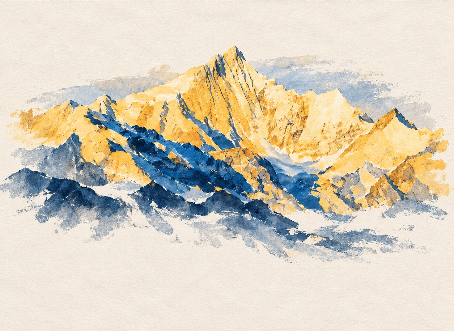 金黄色阳光照亮山峰，深蓝色阴影与米色纸张交织的水彩雪山